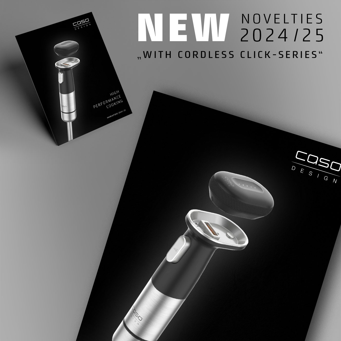 Caso Design product advertisement with text and product images, black and silver.