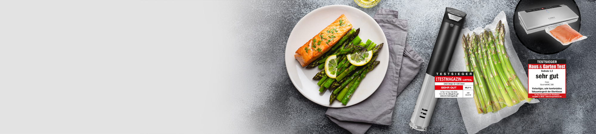 Sous vide device with salmon and asparagus, House & Garden Test seal