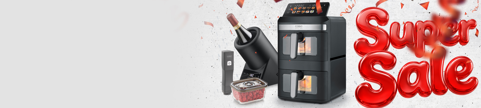 Super Sale featuring Airfryer and wine accessories on a gray background with confetti.