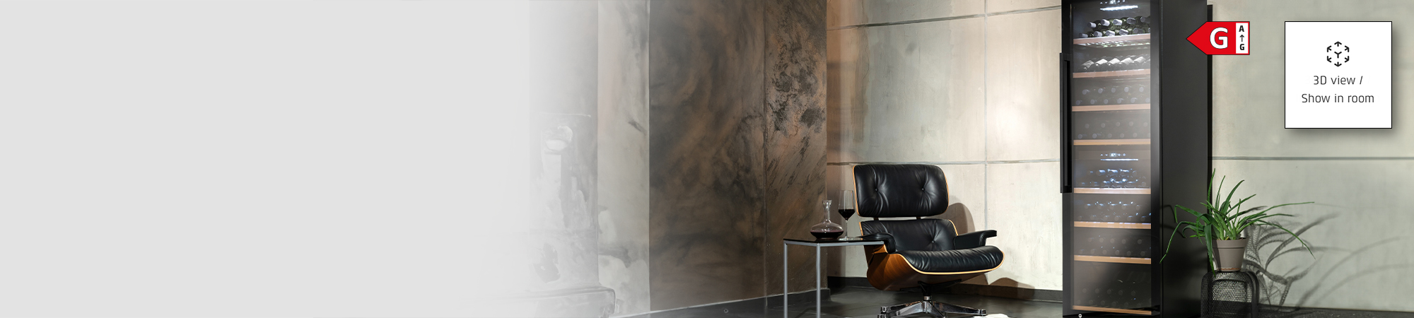 Wine cabinet with chair and plant, 3D view and show in room option.