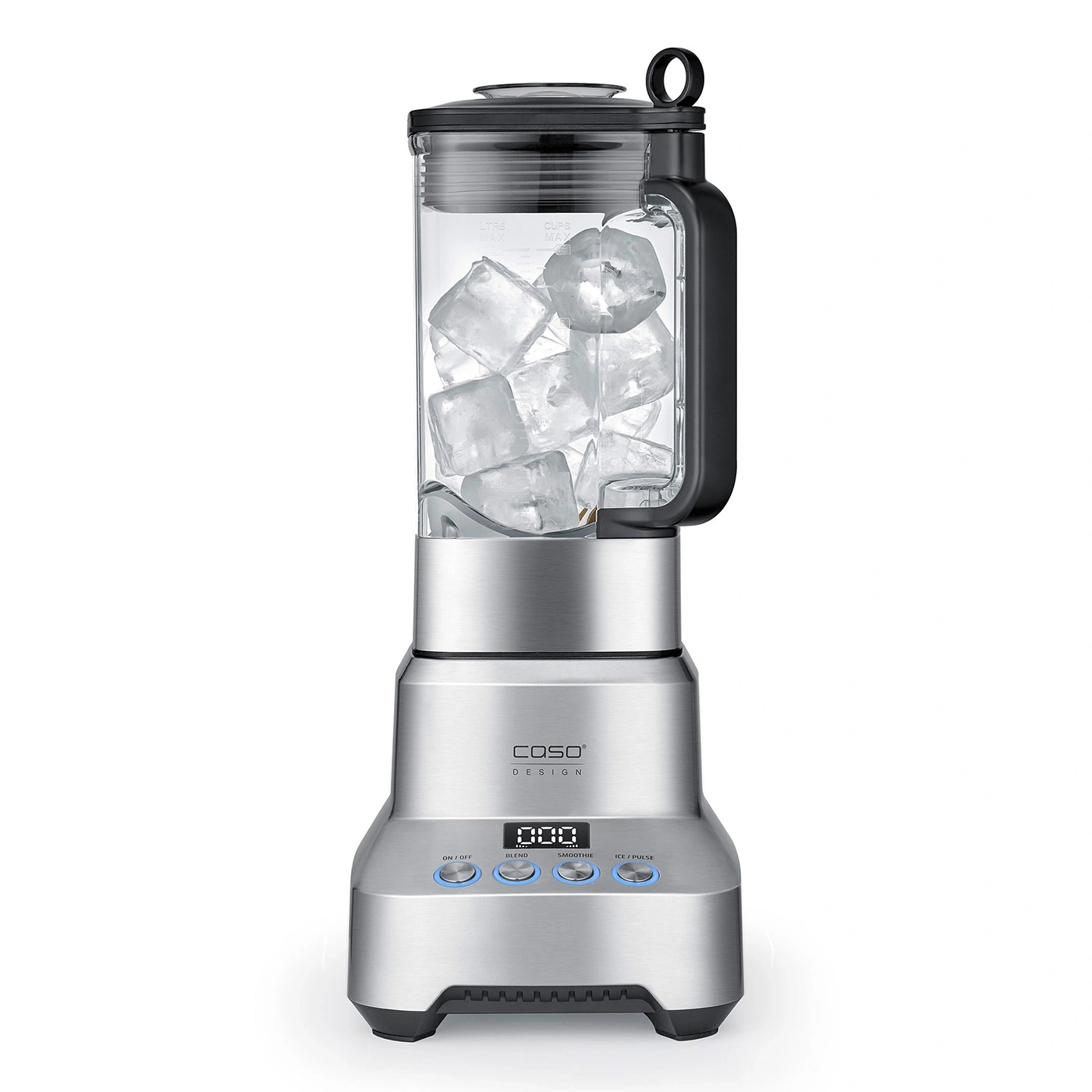 A silver blender with ice cubes and digital controls.