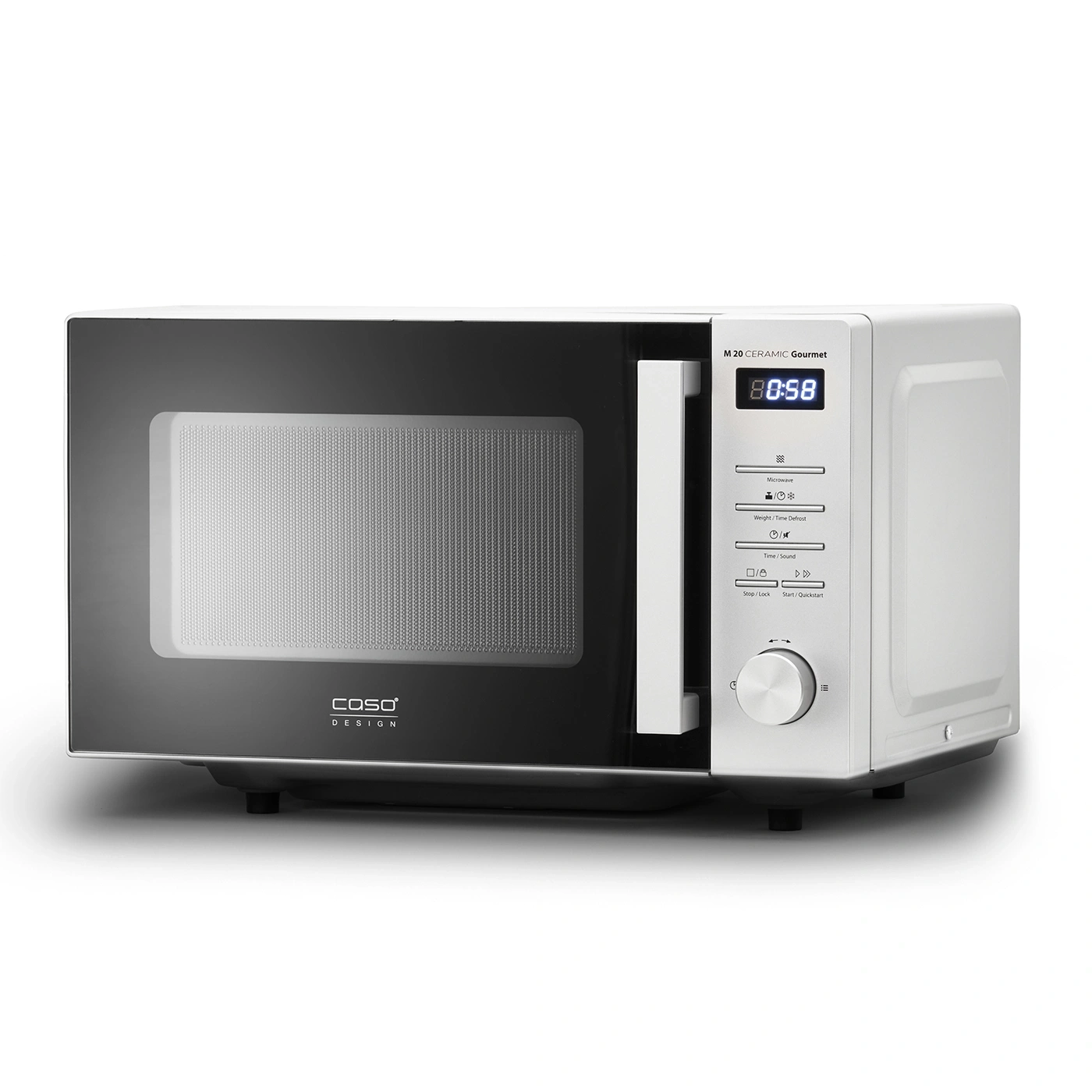 Microwave, Caso Design, white, ceramic, gourmet, control panel, digital display, kitchen, appliance, cooking, food