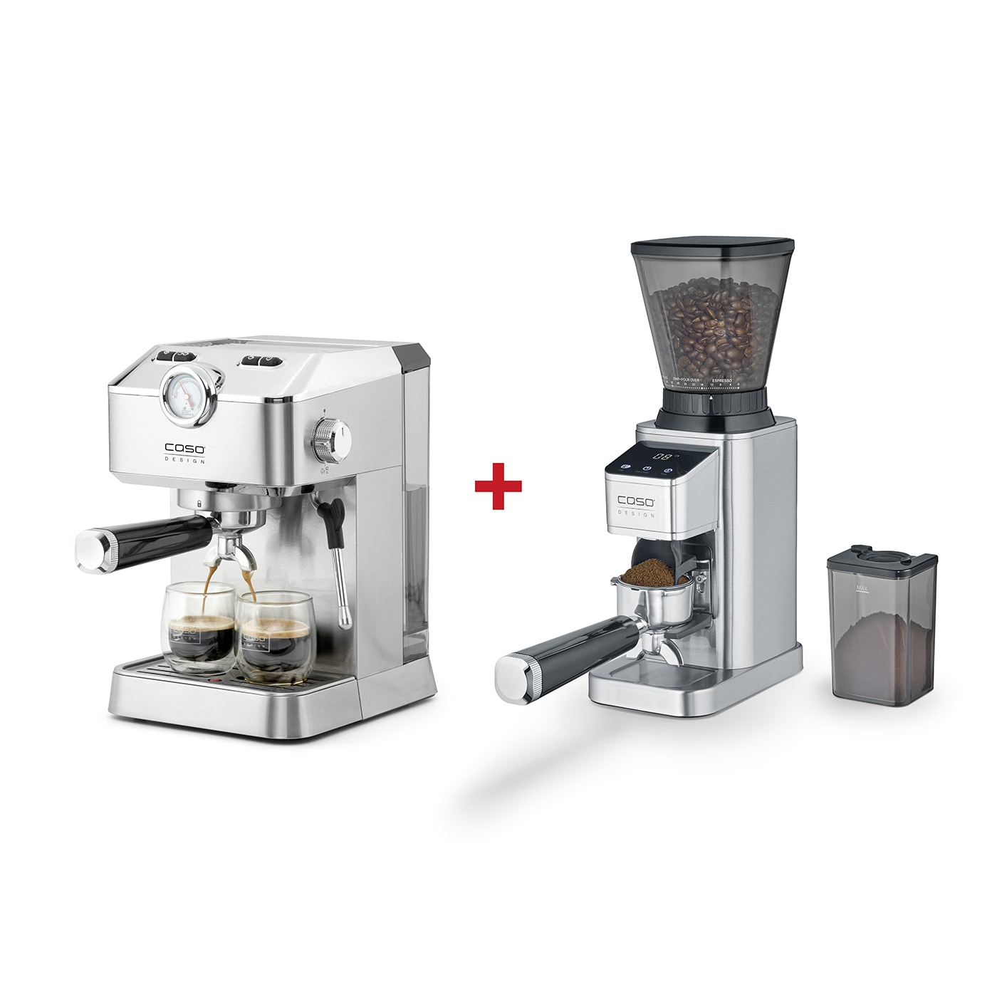 Silver espresso machine and coffee grinder with coffee beans and accessories