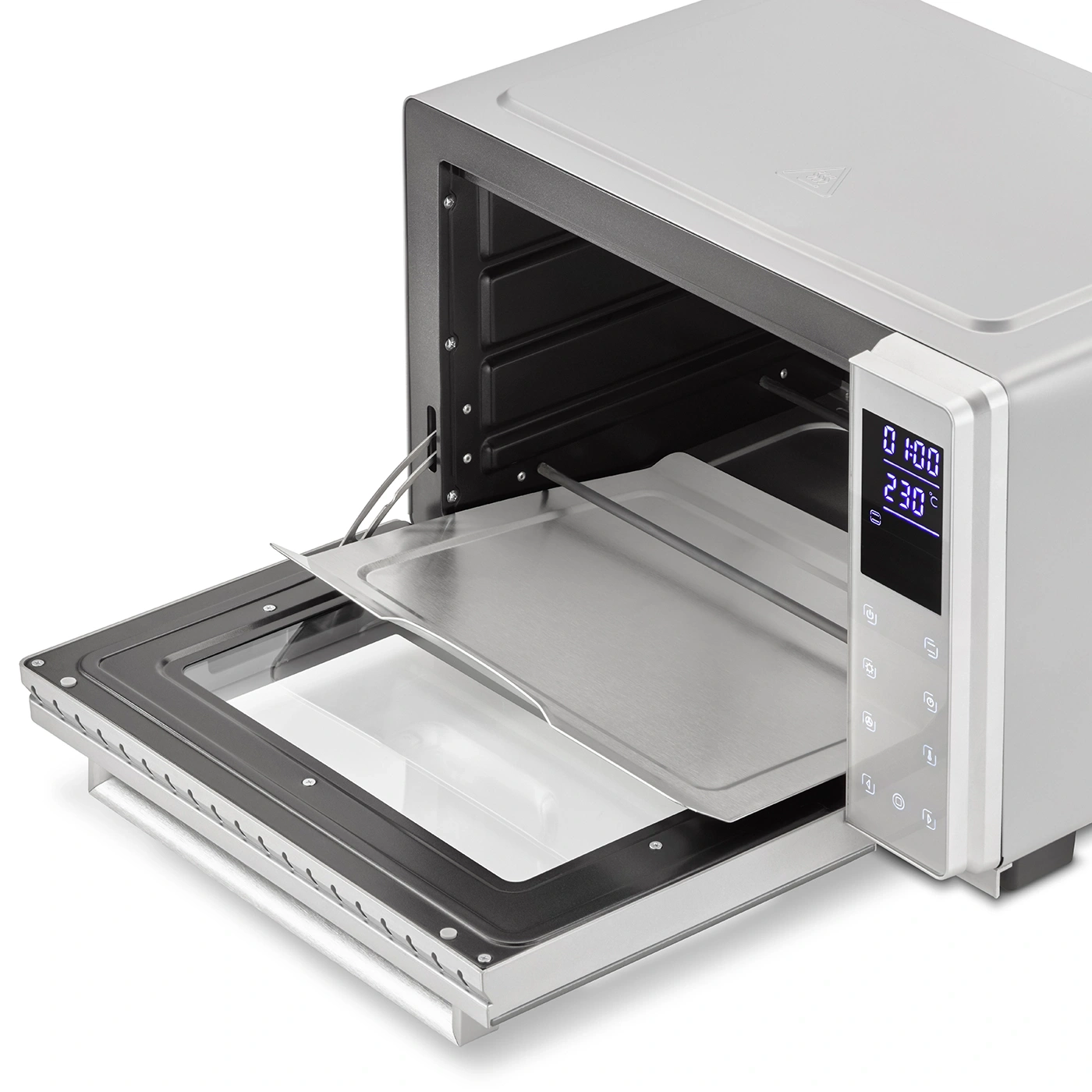 Silver oven with open door and baking tray, digital display showing time and temperature