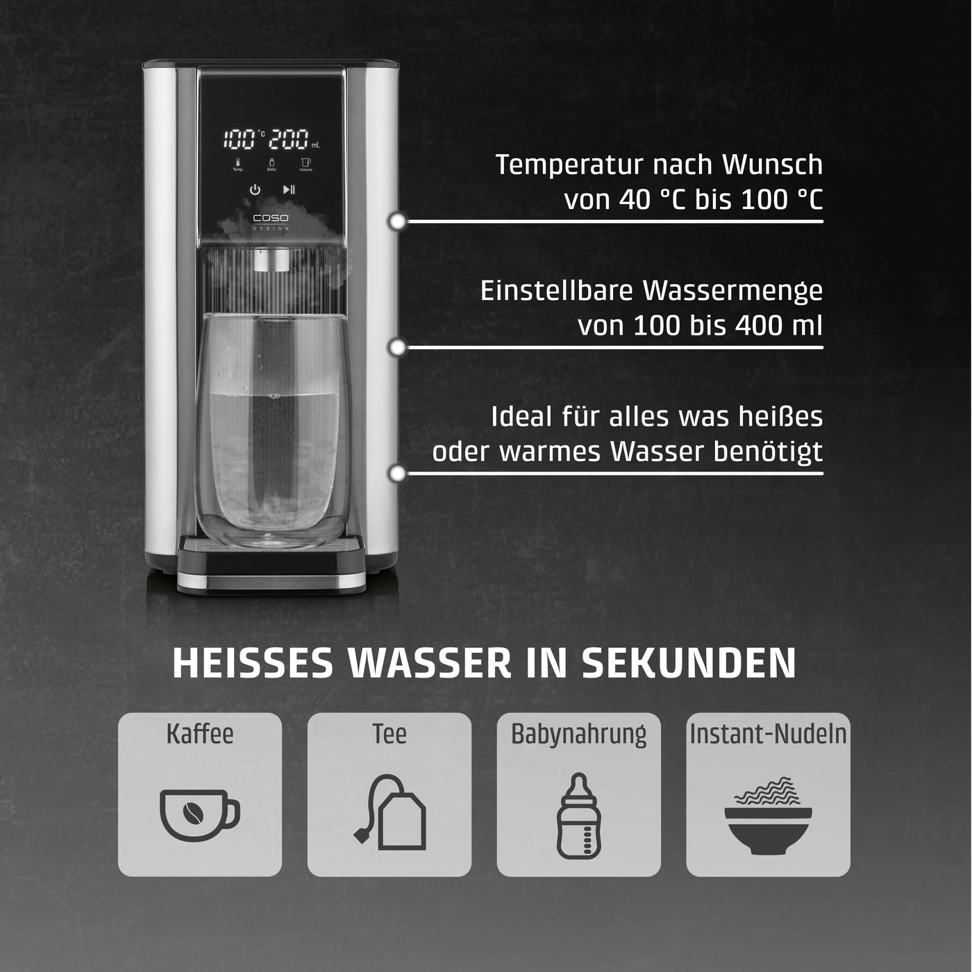 Heißwasserbereiter mit Temperaturregelung und Wassermengenanpassung für Kaffee, Tee, Babynahrung und Instant-Nudeln.