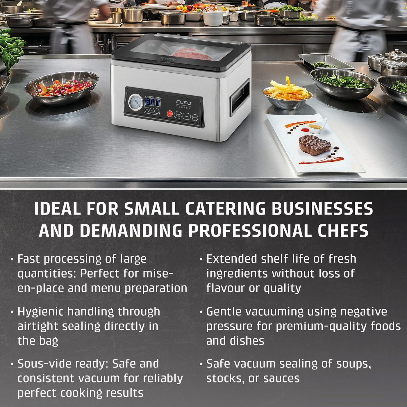 Vacuum sealer in a kitchen, ideal for small restaurants and professional chefs.