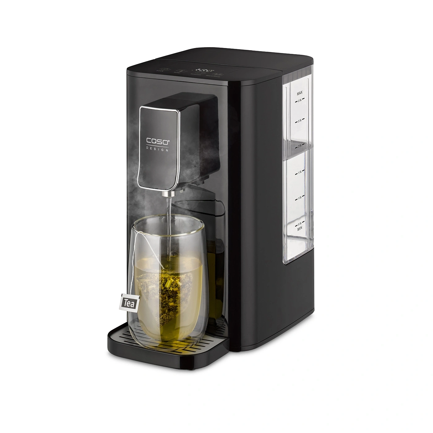 Black tea machine with glass and tea bag, steam, Caso Design.