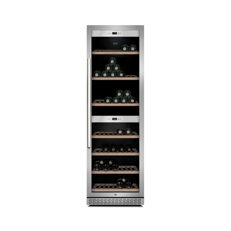 Weinkühlschrank mit Flaschen auf Regalen, Edelstahl-Design, Innenansicht