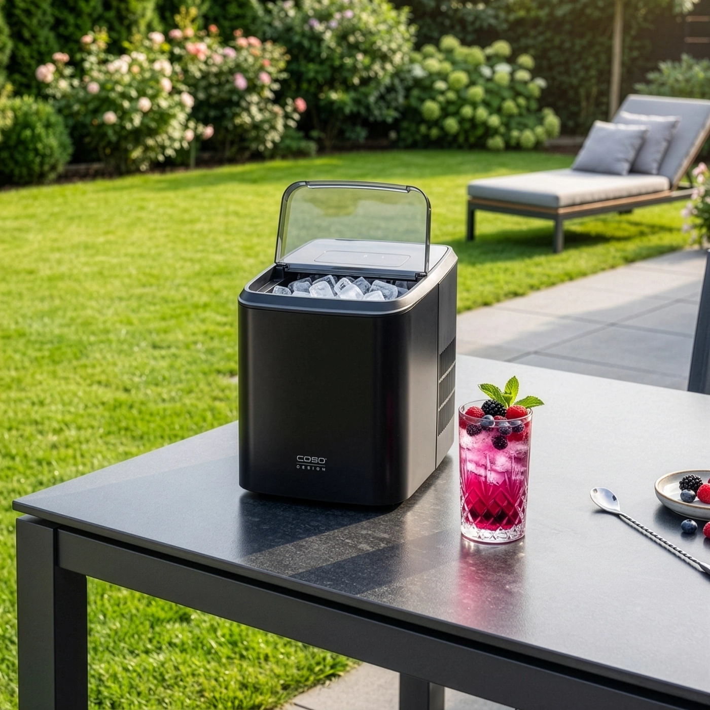 Ice maker and drink on a garden table outdoors