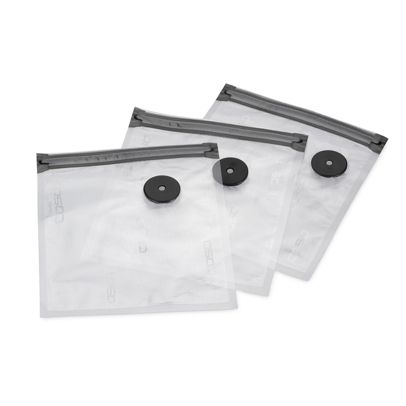 Three transparent vacuum bags with black valves and zippers on a white background.