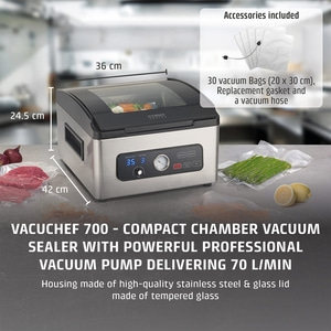 Vacuum sealer with accessories, dimensions, text, vegetables, stainless steel housing and glass lid.
