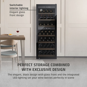 Wine cooler with glass front, interior lighting, and elegant design for perfect wine storage.