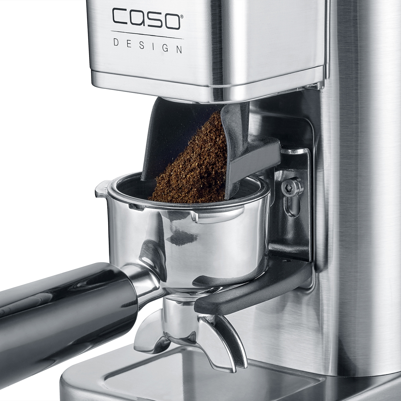 Kaffeemühle mit Kaffeepulver, Edelstahl, Caso Design, Nahaufnahme, Detail