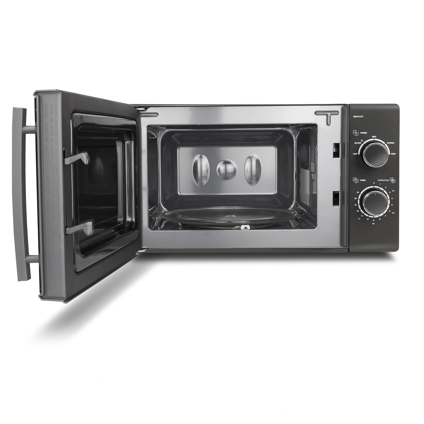 Microwave with open door, control panel, timer, power settings, defrost function, M20 Easy.