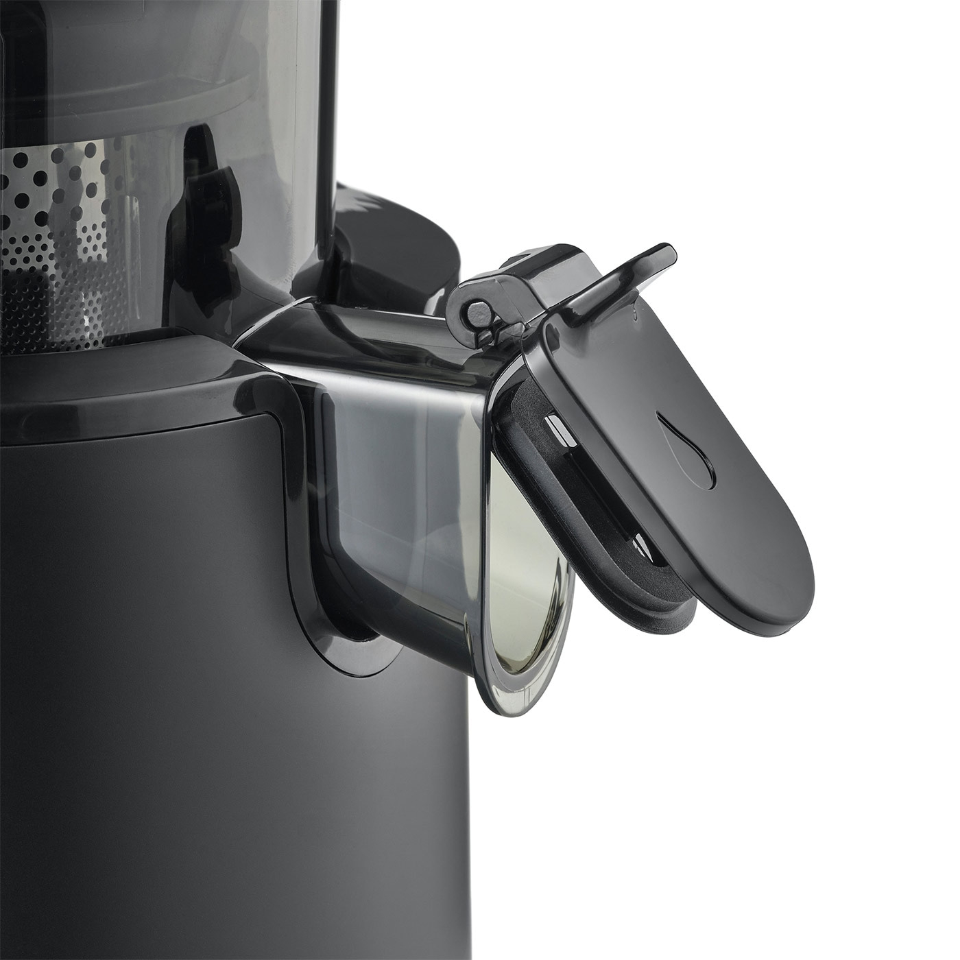Close-up of a black juicer with an open lid and a drop design