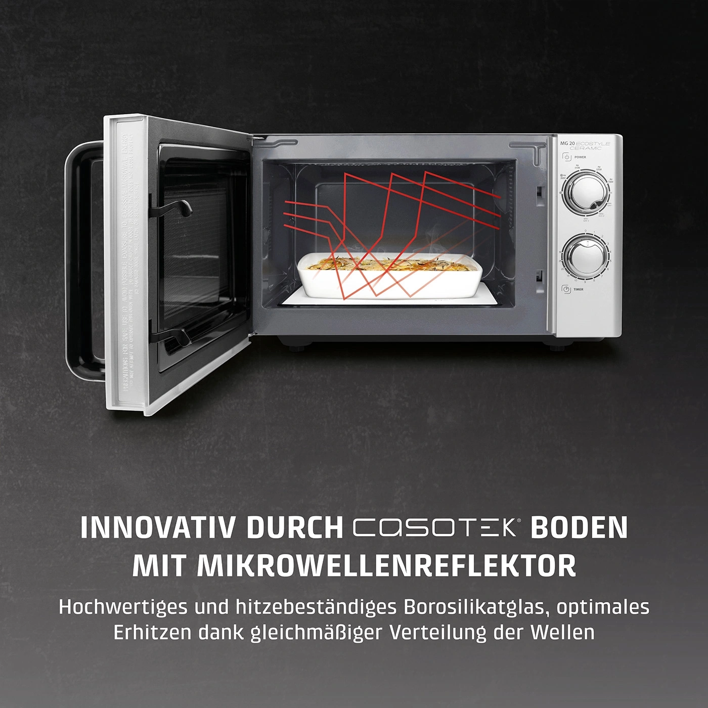 Mikrowelle mit Borosilikatglas und Mikrowellenreflektor für gleichmäßige Erhitzung.