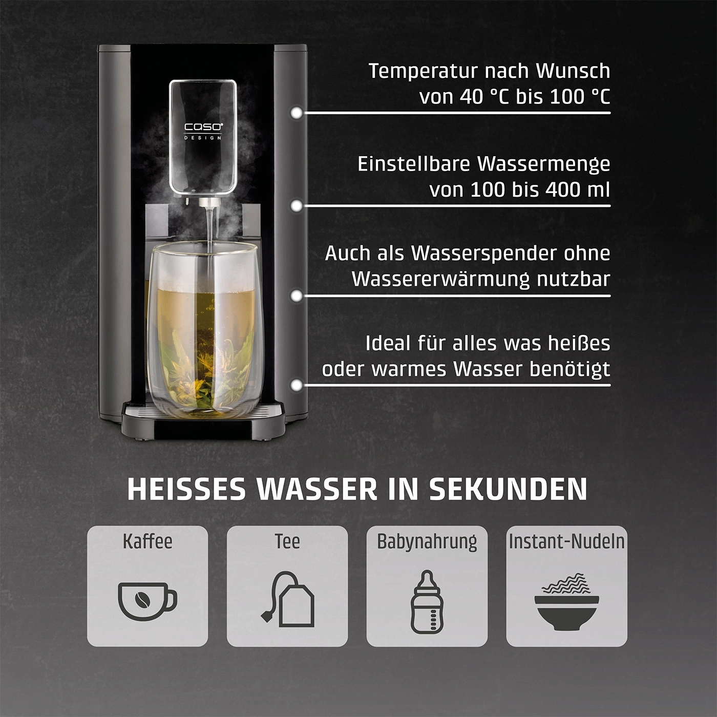Heißwasserbereiter mit Funktionen für Kaffee, Tee, Babynahrung und Instant-Nudeln.
