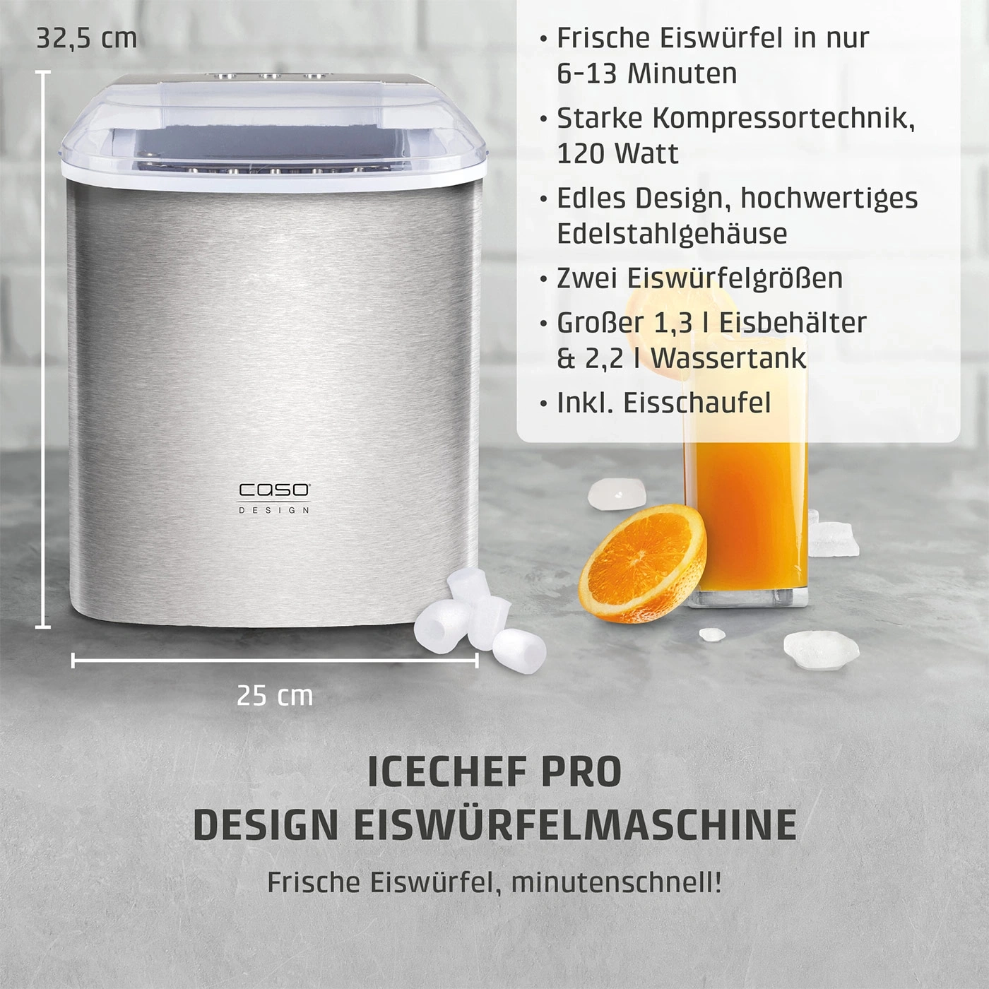 Eiswürfelmaschine mit Edelstahlgehäuse und Glas Saft