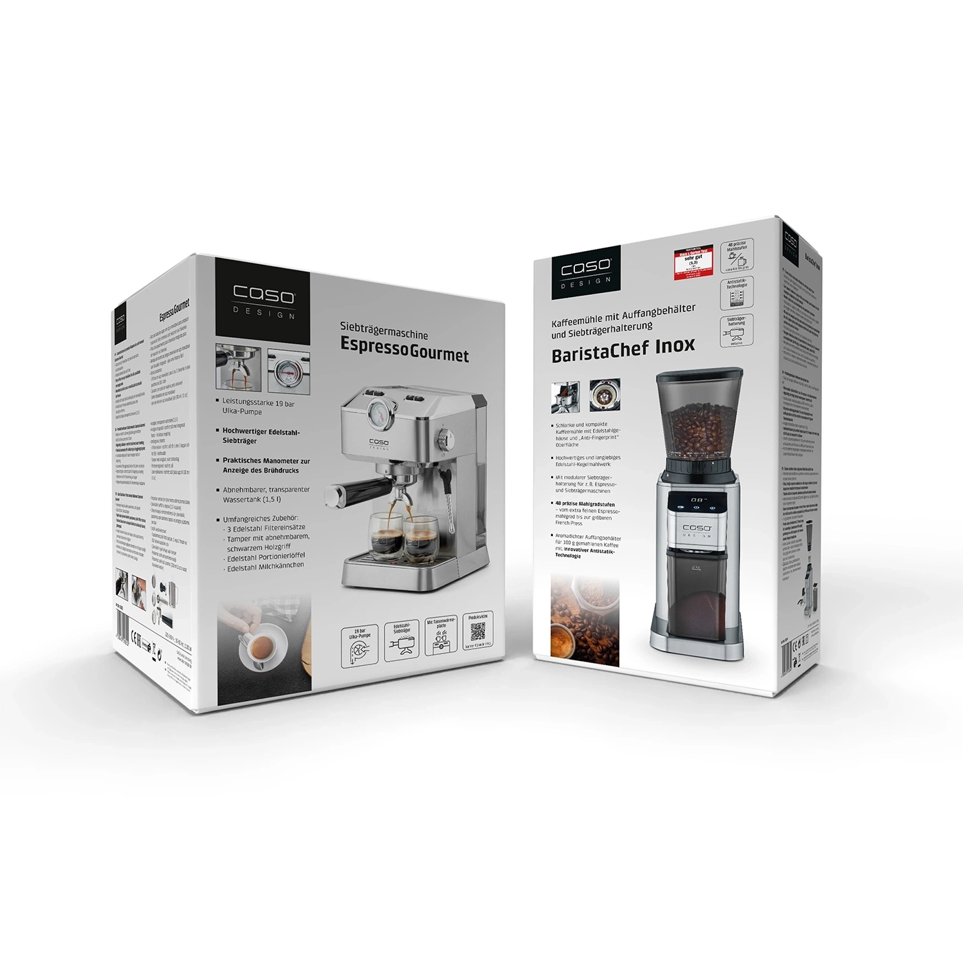 Espresso machine and coffee grinder, Caso Design, Espresso Gourmet and BaristaChef Inox