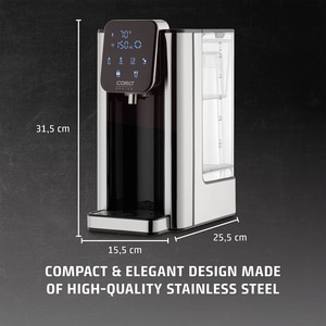 Stainless steel water boiler, 31.5 cm high, 25.5 cm wide, 15.5 cm deep, compact design