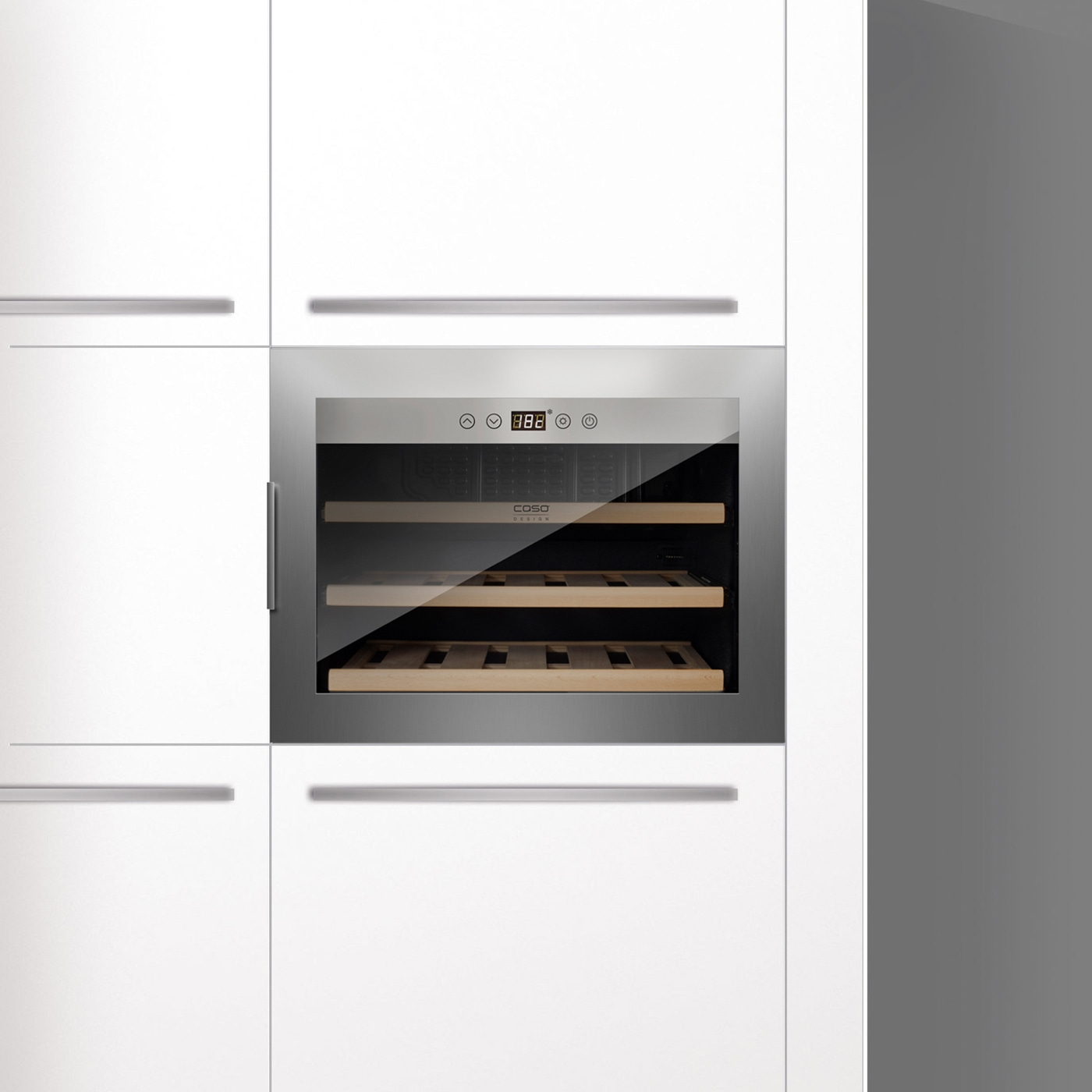 Wine cooler in white kitchen with wooden shelves and digital display