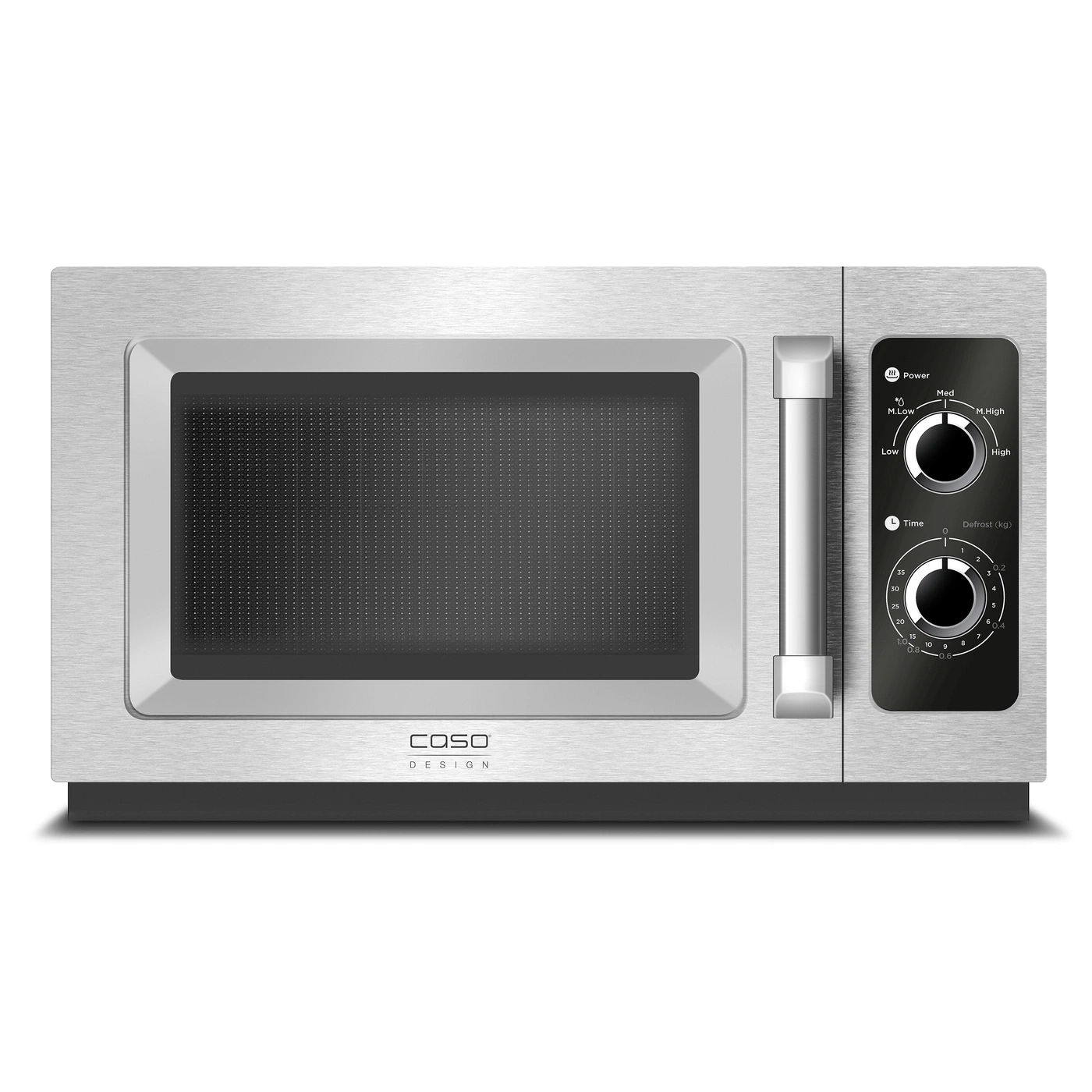 Microwave with dials for power and time, Caso Design, stainless steel look, modern kitchen appliance.