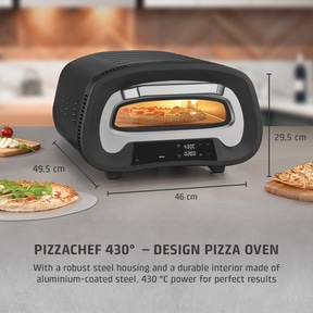 Pizza oven with dimensions, temperature display, and pizza inside.