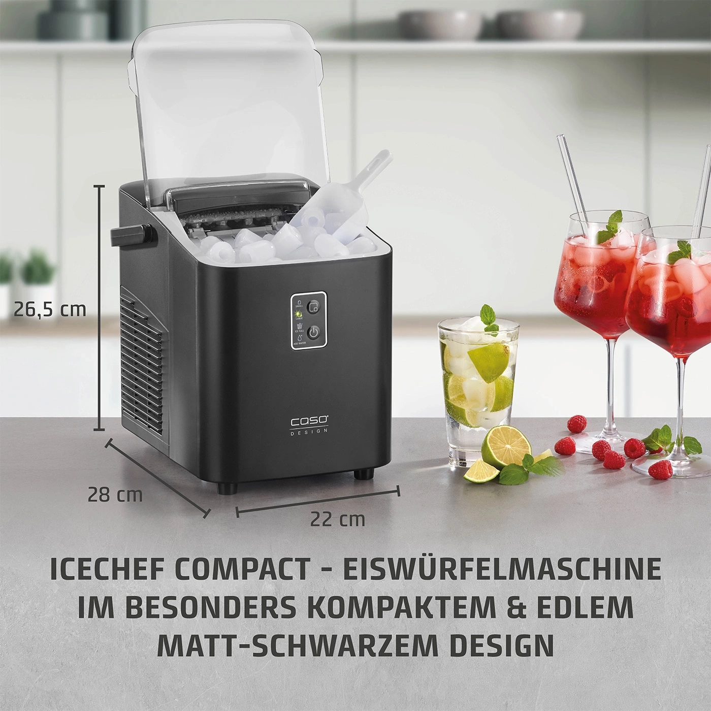 Eiswürfelmaschine, schwarz, kompakt, Getränke, Design, 26,5 cm, 28 cm, 22 cm, Caso