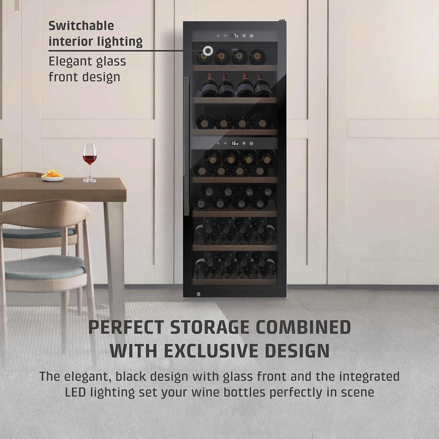 Wine cooler with glass front, interior lighting, and elegant design for perfect wine storage.