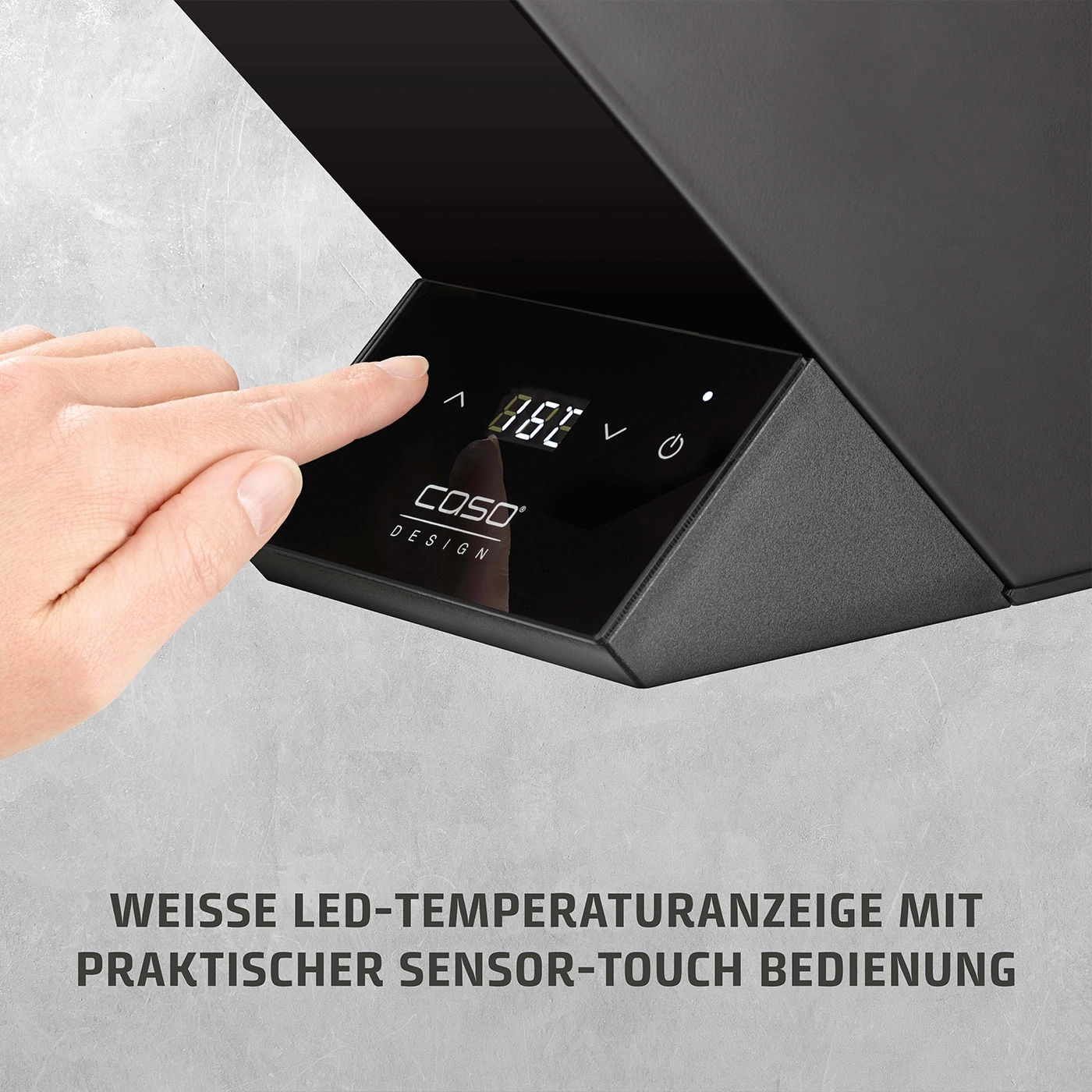 Schwarzes Gerät mit weißer LED-Temperaturanzeige und Sensor-Touch-Bedienung