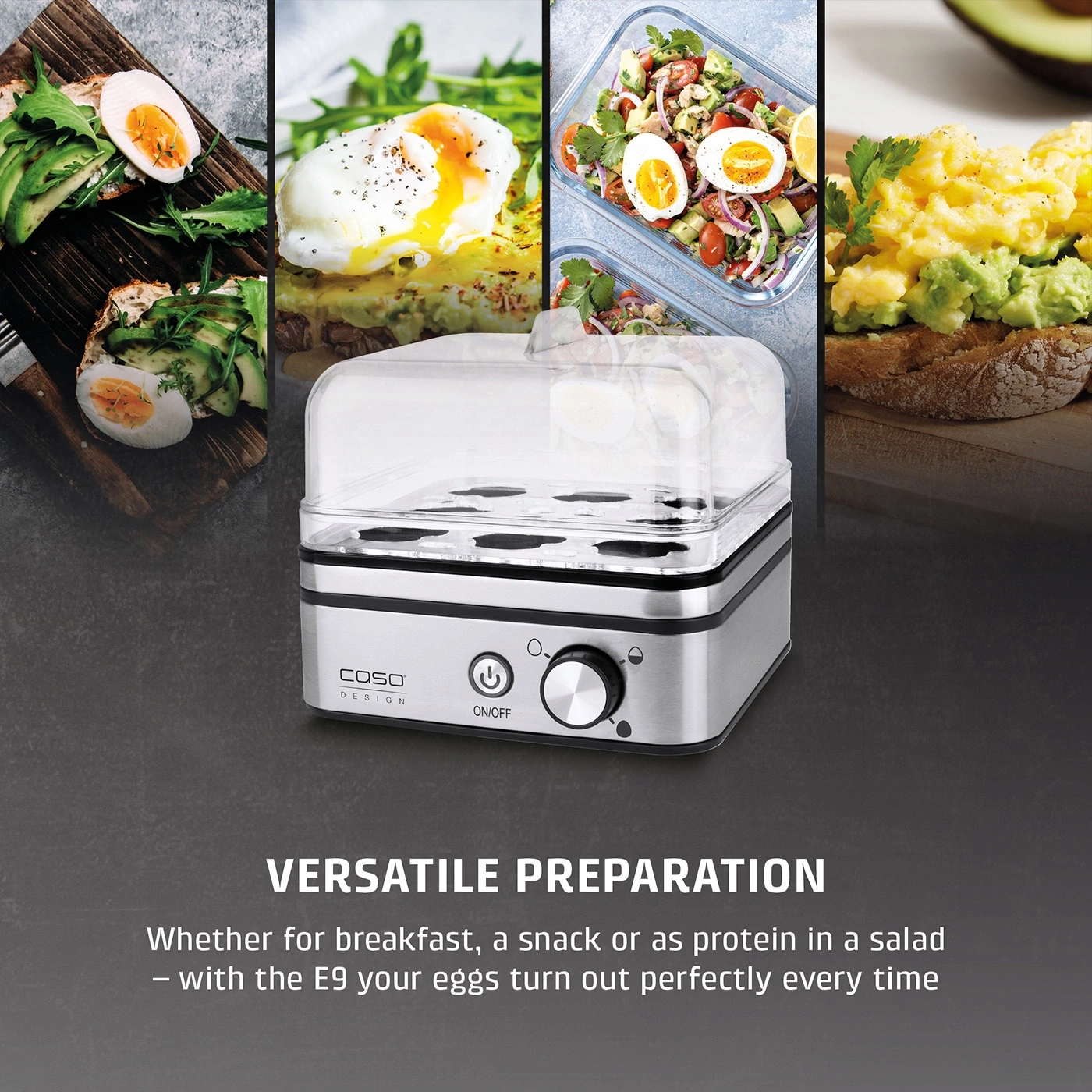 Egg cooker with various egg preparations and text