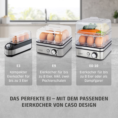 Drei Caso Design Eierkocher: E3, E9 und ED 10, mit Eiern und Gemüse