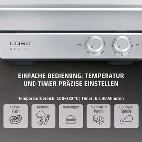 Eine metallische Kontaktgrill mit zwei Knöpfen und Symbolen für Fleisch, Gemüse, Hamburger, Sandwich und Geflügel.