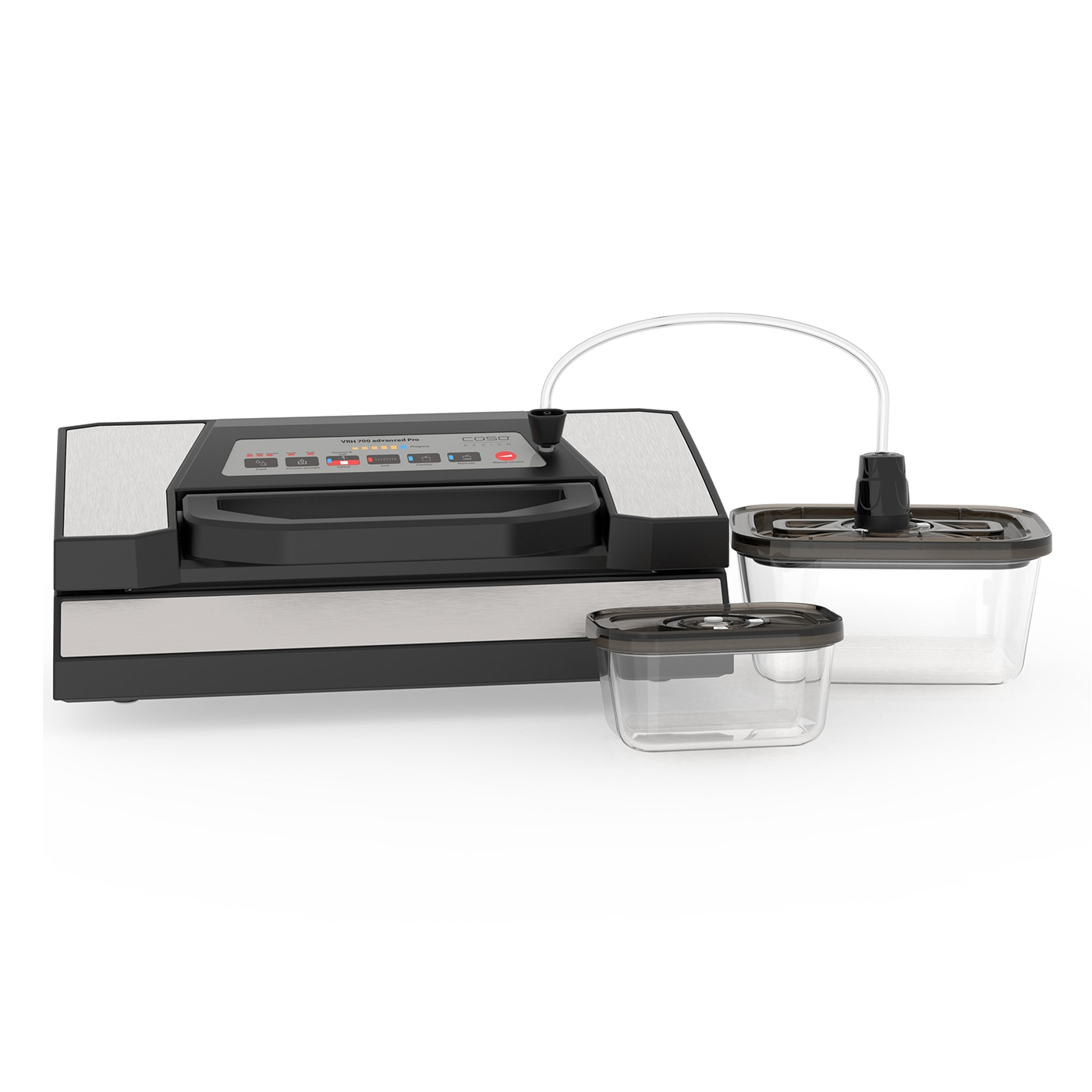 Vacuum sealer with containers and hose for food preservation and storage.