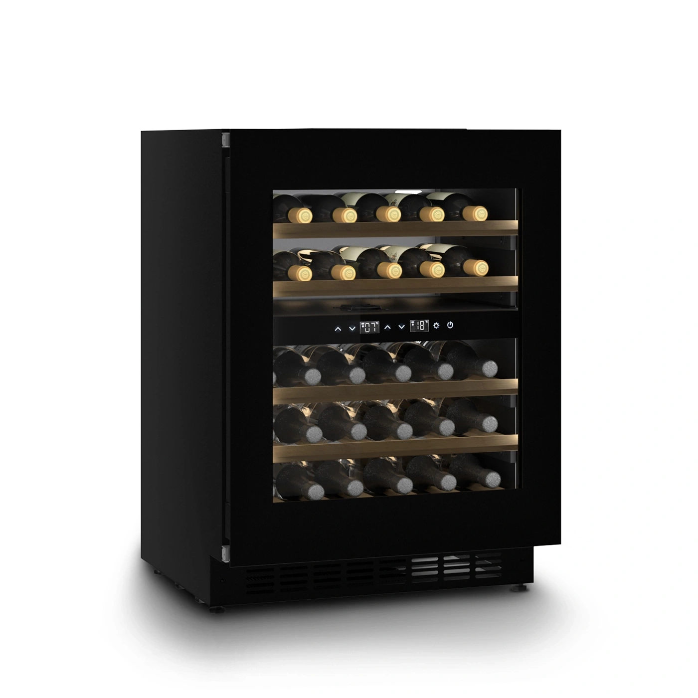Black wine cooler with glass front, filled with wine bottles, isolated on white background.