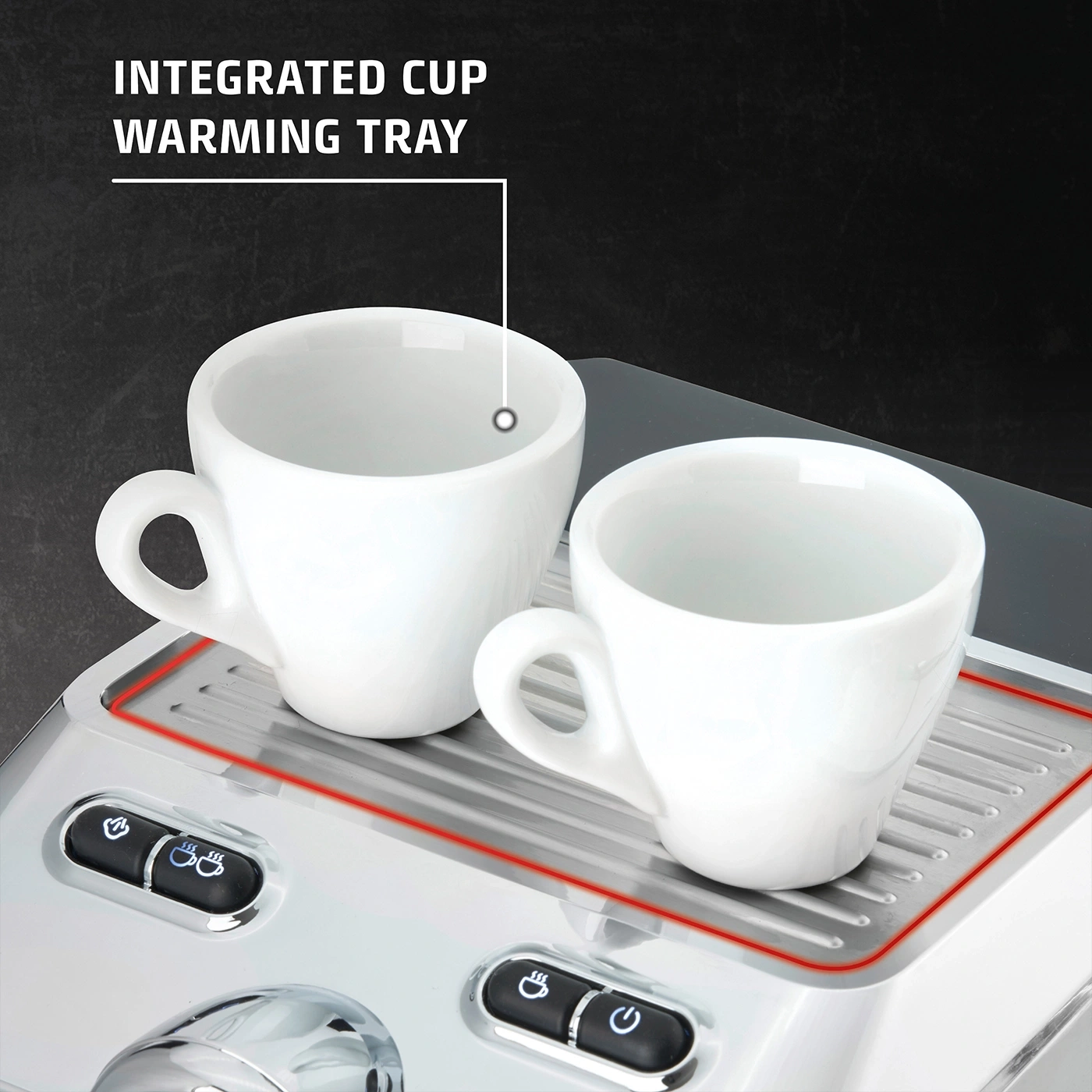 Coffee machine with cup warmer and two white cups on the surface.