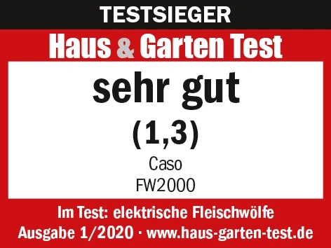 Testauszeichnung für Caso FW2000: sehr gut, Haus & Garten Test, Ausgabe 1/2020