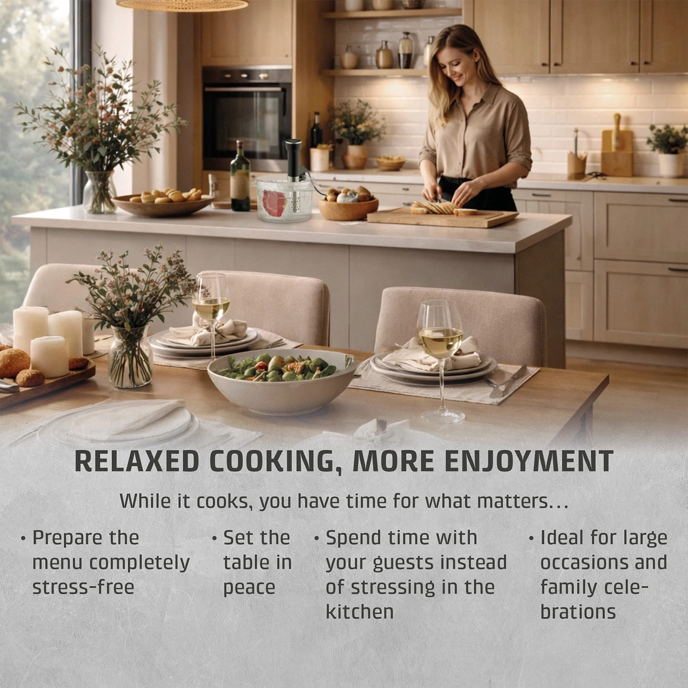 A woman cooks relaxed in a modern kitchen while the food is cooking.