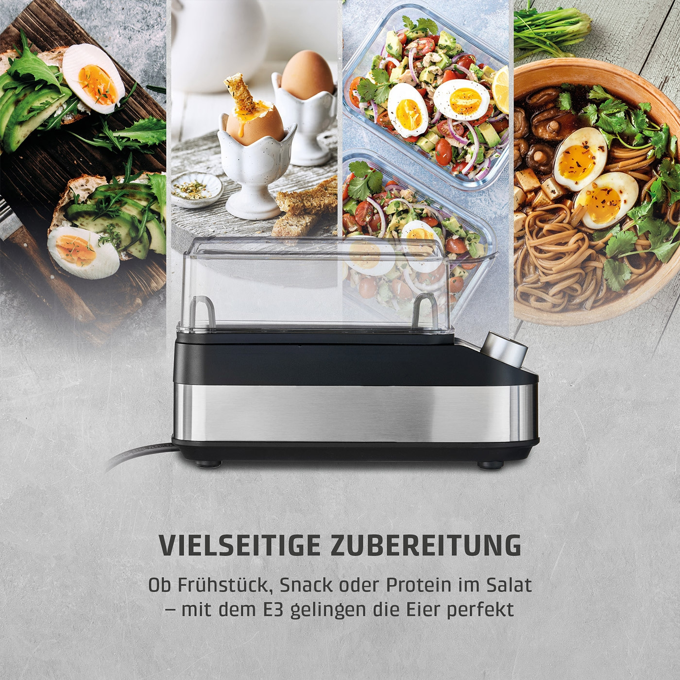Eierkocher mit verschiedenen Eiergerichten und Text.