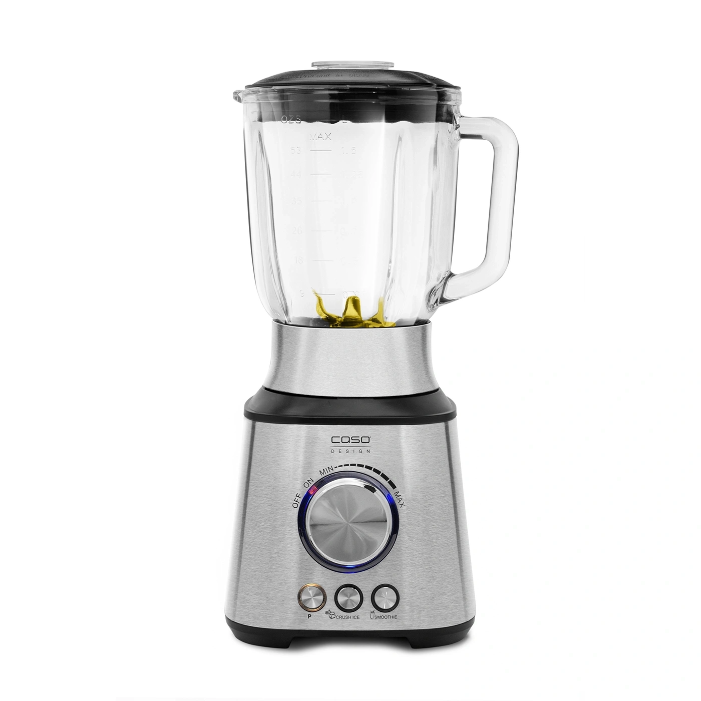 Stainless steel blender with glass container, control panel, and ice crush and smoothie functions.