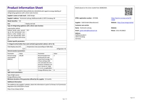 Product information sheet with technical details for a refrigerator for supermarkets.