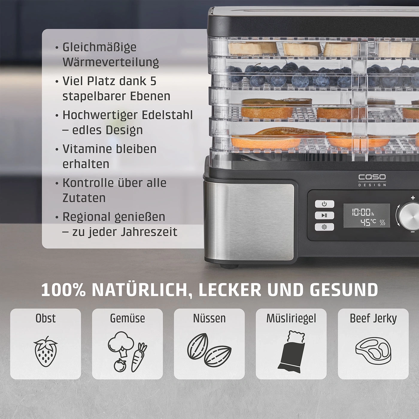 Lebensmitteltrockner mit Obst, Gemüse, Nüssen, Müsliriegeln und Beef Jerky. 100% natürlich, lecker und gesund.