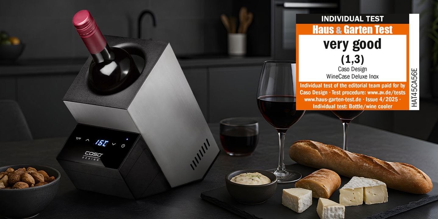 Wine cooler with wine, bread, cheese and 'very good' rating from Haus & Garten Test