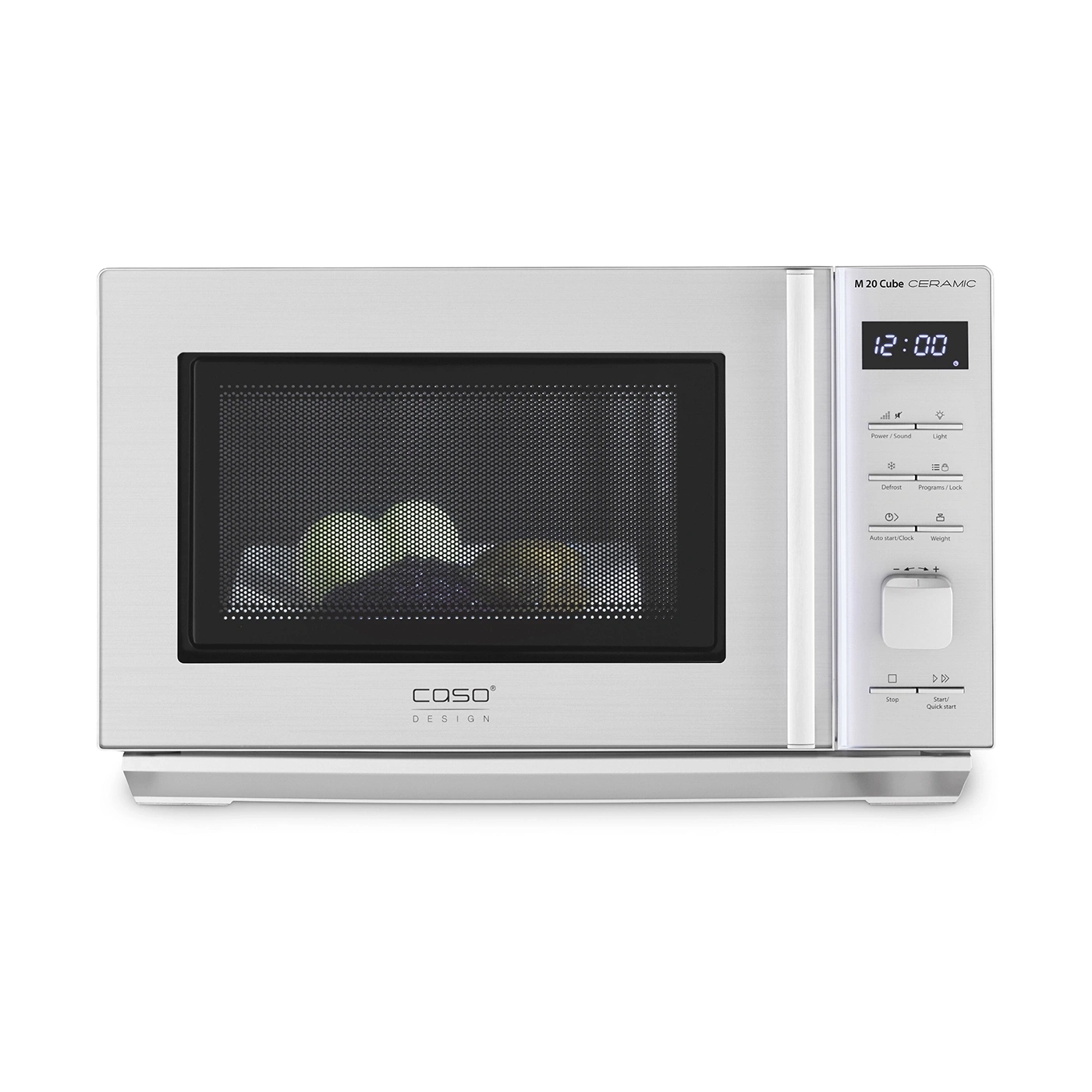 Microwave Caso M 20 Cube Ceramic, time 12:00, control panel, design, start button, cooking.