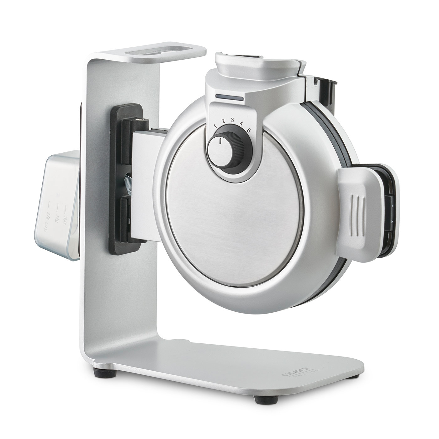 Silver waffle iron with dial, upright, isolated, close-up, kitchen appliance