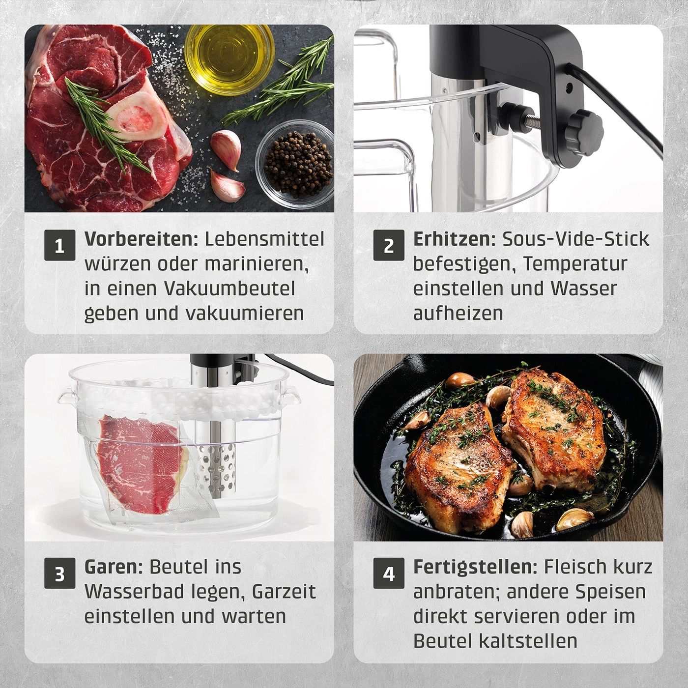 Schritte zur Zubereitung von Fleisch mit einem Sous-Vide-Stick.