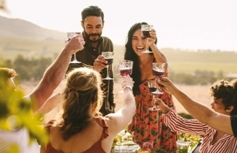Friends toasting with wine glasses to make a toast, outdoors.