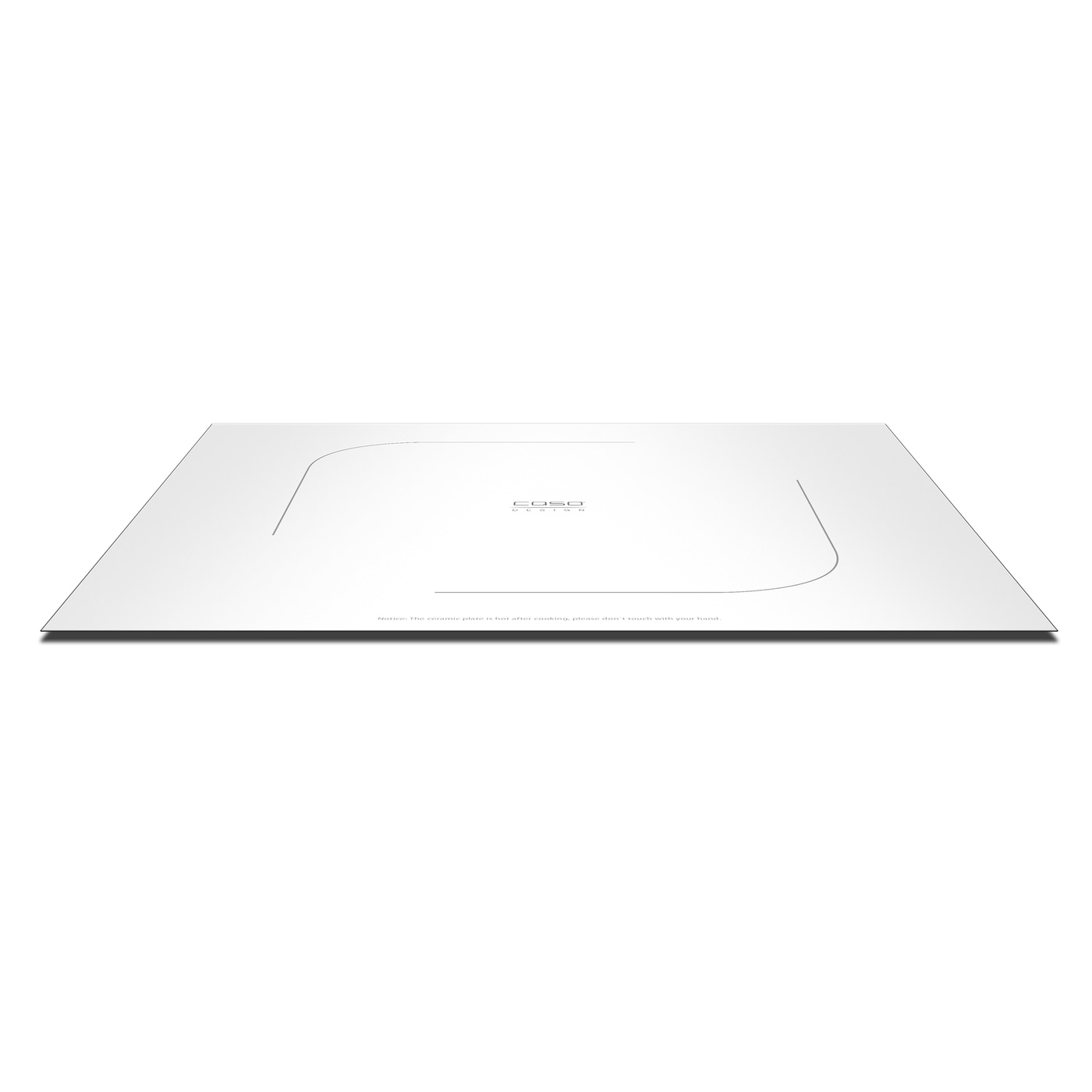 White Caso Design cooktop, hot surface warning, do not touch, ceramic plate, kitchen appliance.