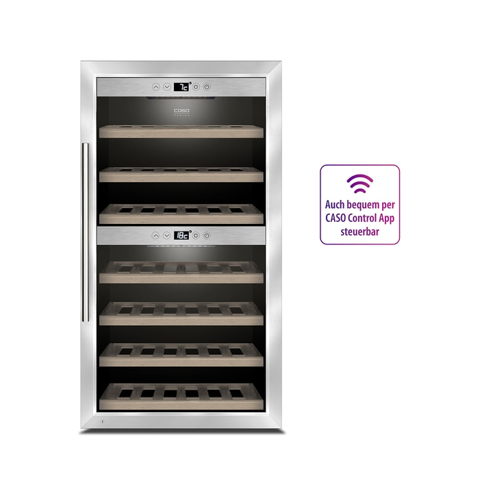 Weinkühlschrank mit Temperaturanzeige und App-Steuerung, Edelstahl-Design.