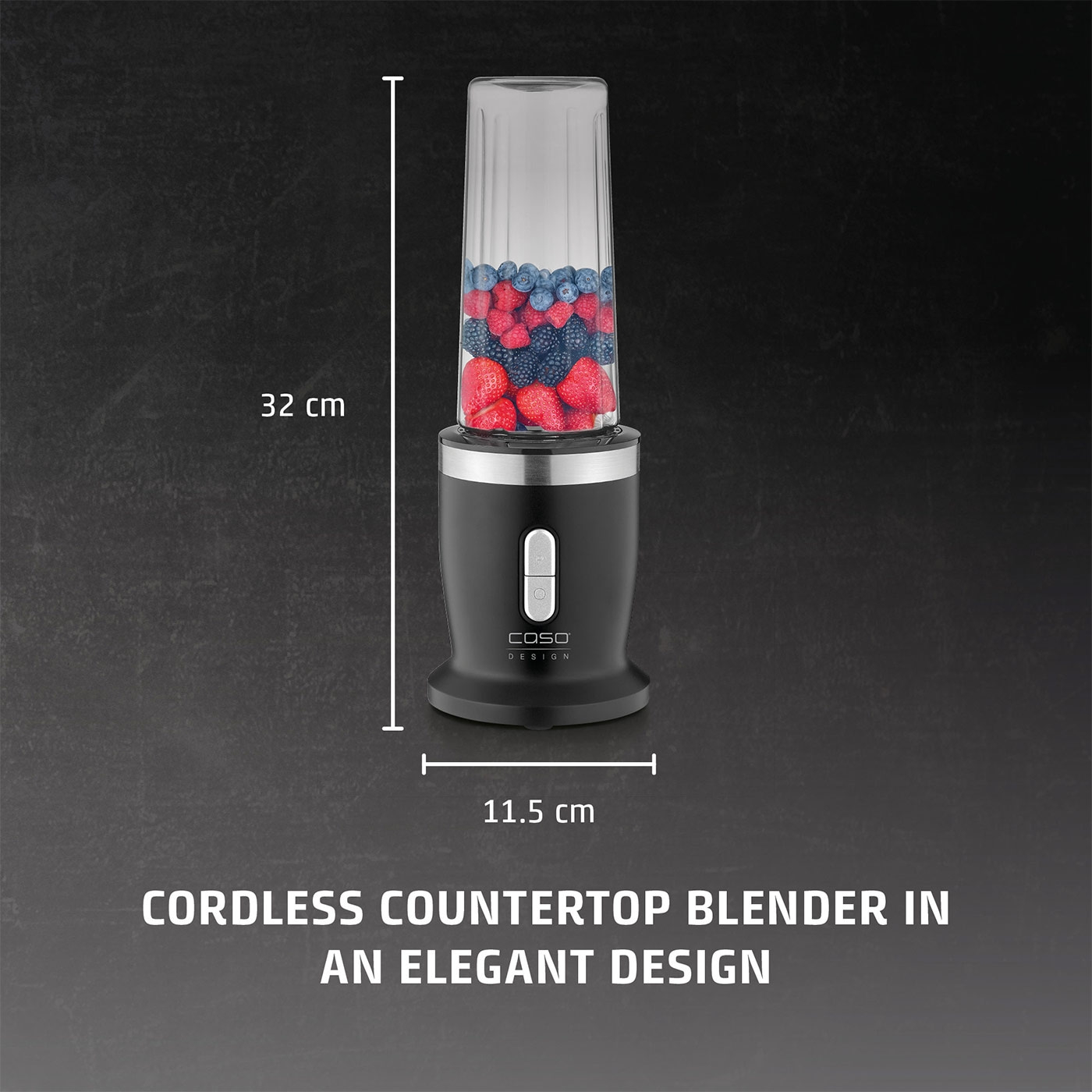 Cordless stand mixer, 32 cm high, 11.5 cm wide, filled with berries, elegant design